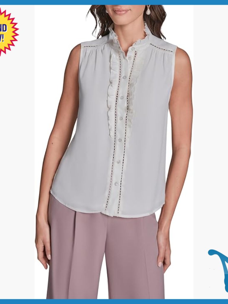 Sleeveless Mock Neck Button Down Blouse With Ruffle Front